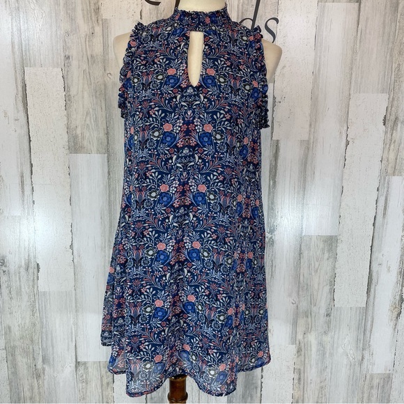 Speechless Blue‎ Floral Keyhole Neck Sleeveless Mock Neck Mini Sheath Dress Sz L - Picture 1 of 10